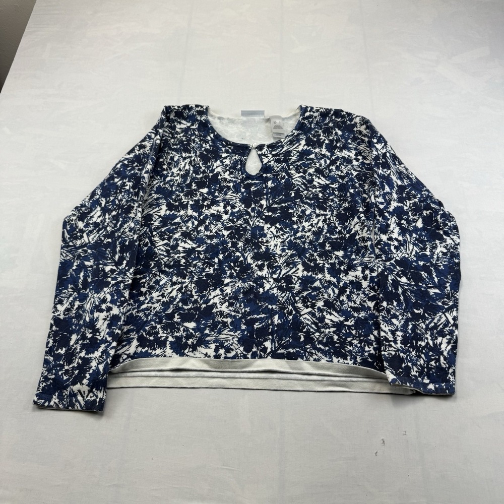 Villager Liz Claiborne Women's Large Blue White Print Long Sleeve Top